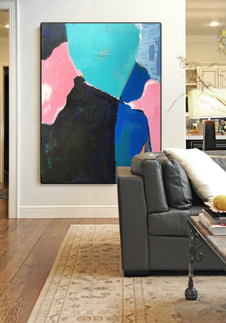 Original Modern Art,Large Wall Art Handmade,Vertical Palette Knife Contemporary Art,Extra Large Paintings,Lake Blue,Pink,Dark Blue,Black,Grey.etc - Click Image to Close